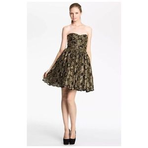 Alice + Olivia Black and Gold Strapless Brocade Mini Dress